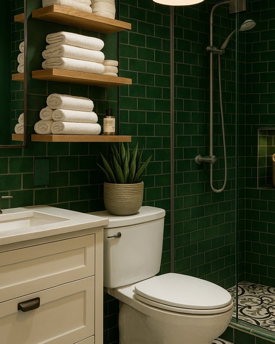 Deep green tiled bathroom with clean grout lines, open shelving, and white vanity