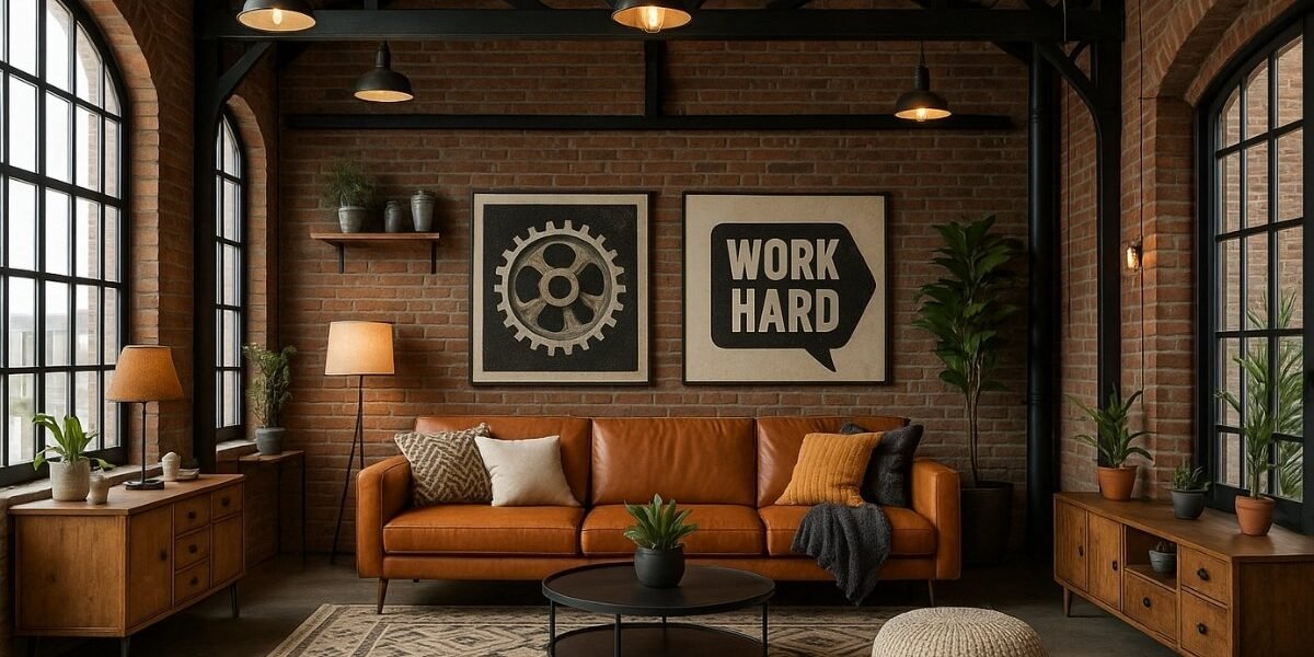 Industrial interior design style living room with exposed brick wall, black metal beams, warm lighting, and a tan leather sofa.