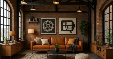 Industrial interior design style living room with exposed brick wall, black metal beams, warm lighting, and a tan leather sofa.