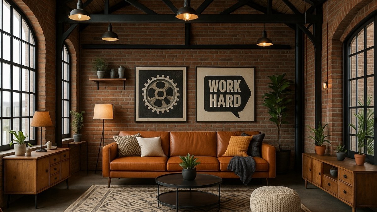 Industrial interior design style living room with exposed brick wall, black metal beams, warm lighting, and a tan leather sofa.