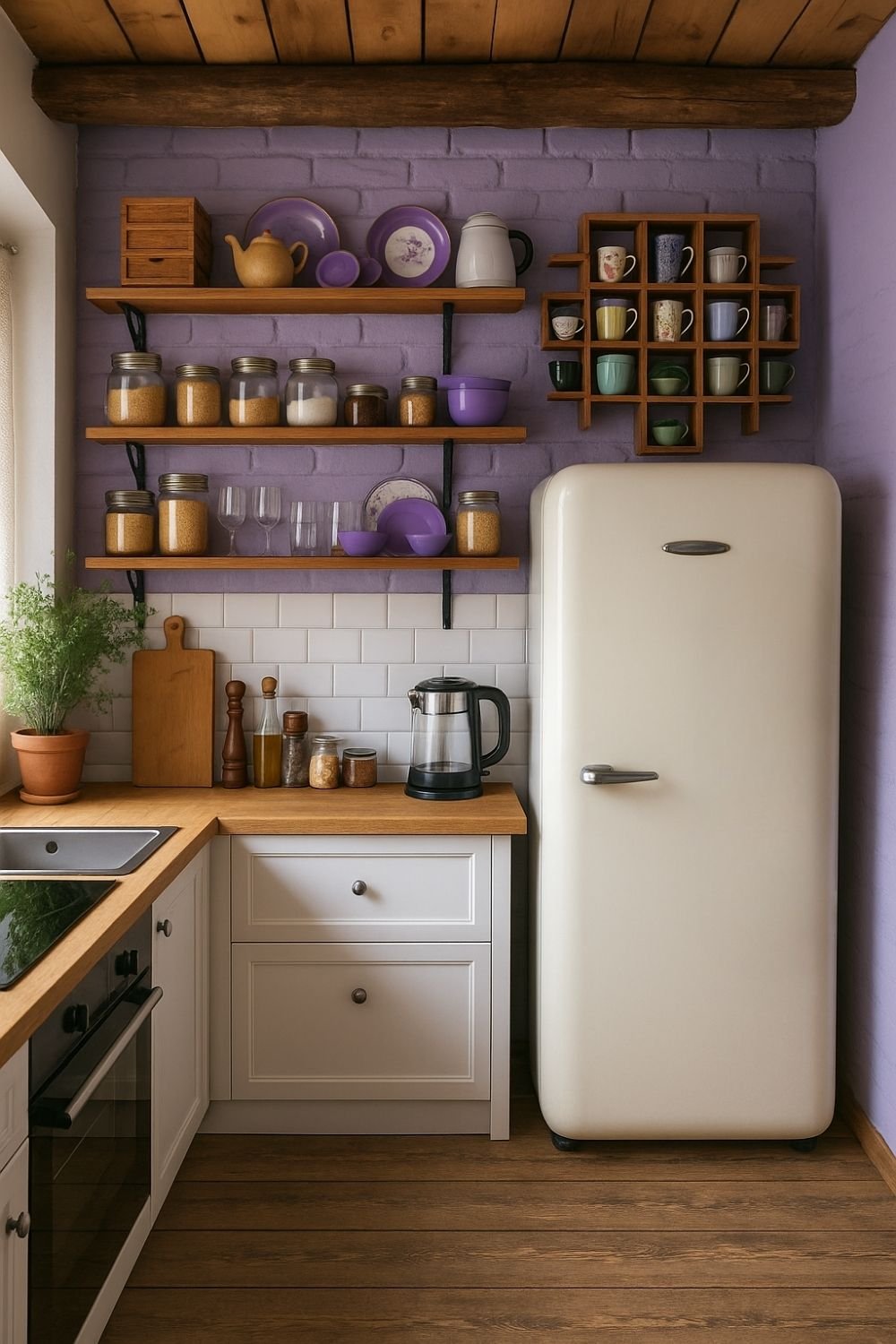 Rustic lilac wall kitchen with wooden shelves and retro fridge