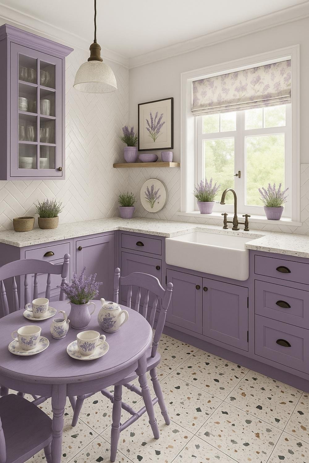 Pastel purple kitchen with traditional patterns and small table