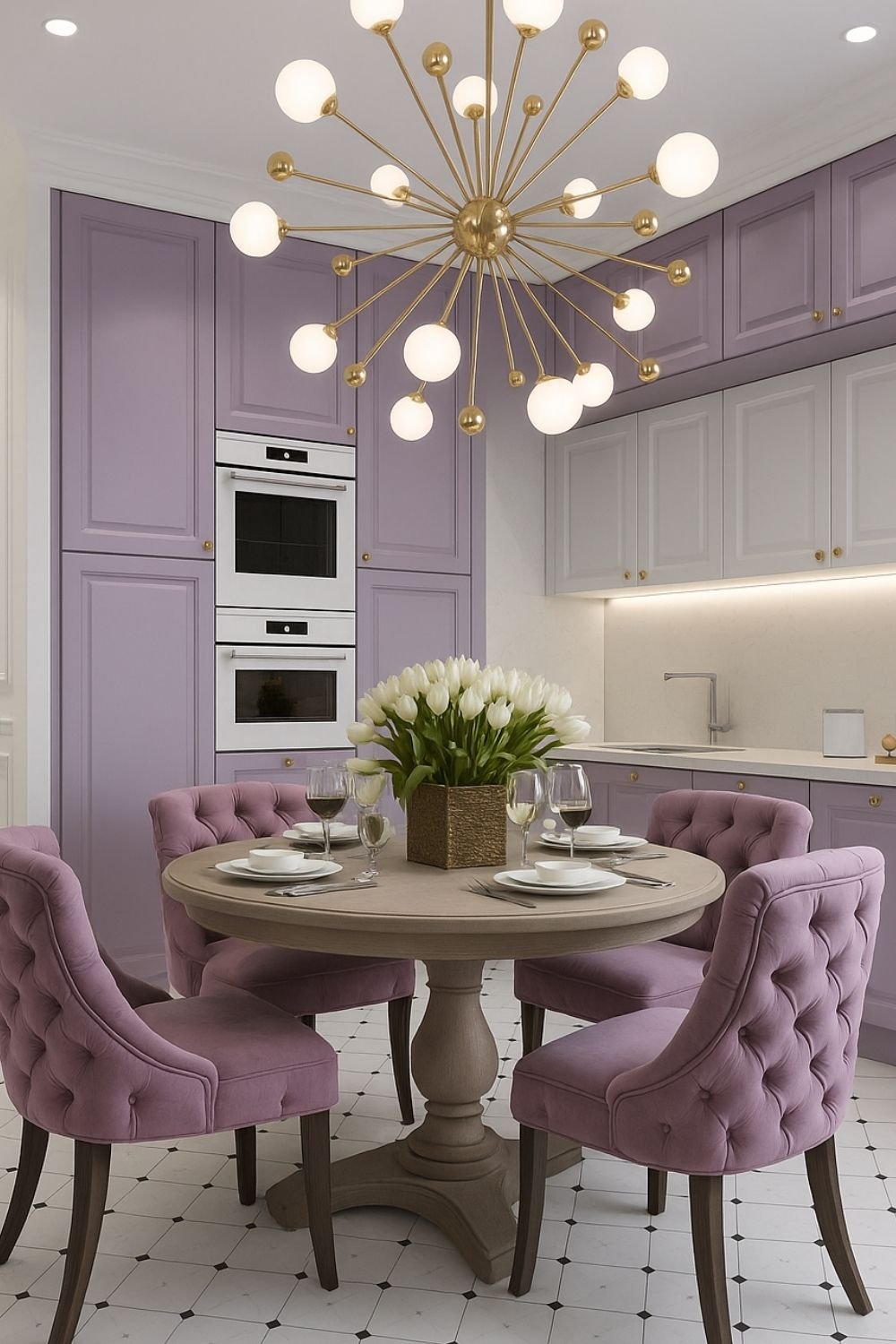 Mauve purple kitchen cabinets with soft tufted chairs and pendant light