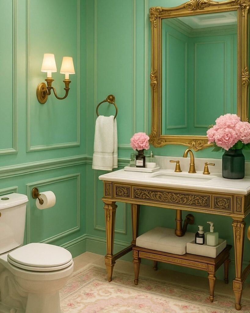Mint green bathroom with gold vanity, intricate wall molding, and fresh pink flowers