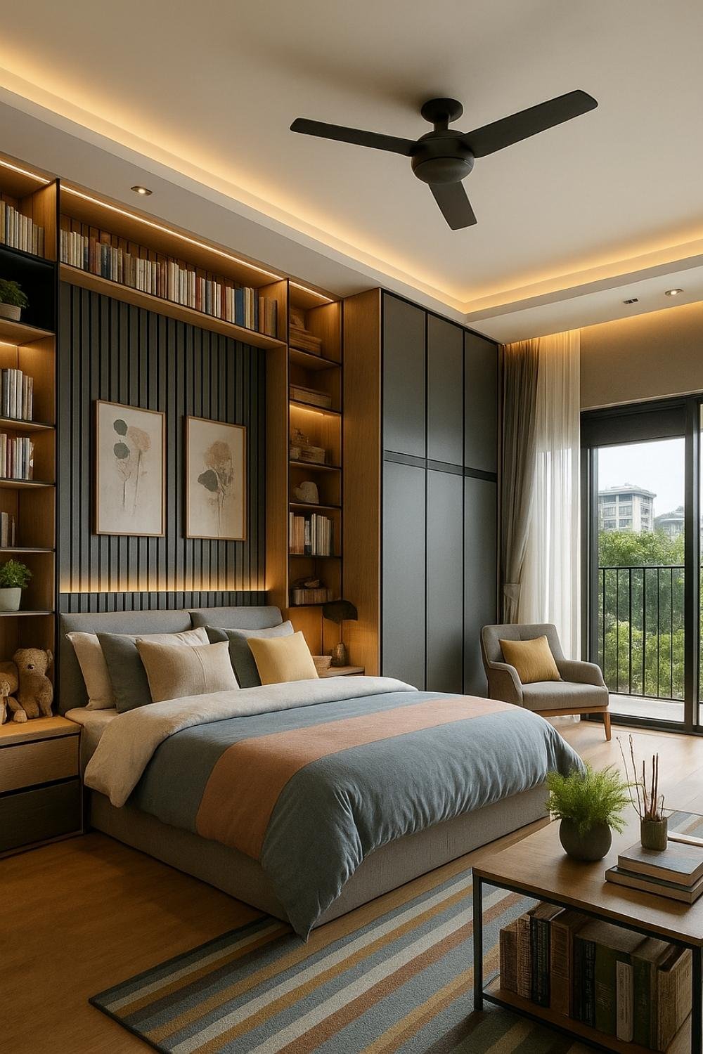 Modern bedroom with built-in storage, clean surfaces, and cozy decor.
