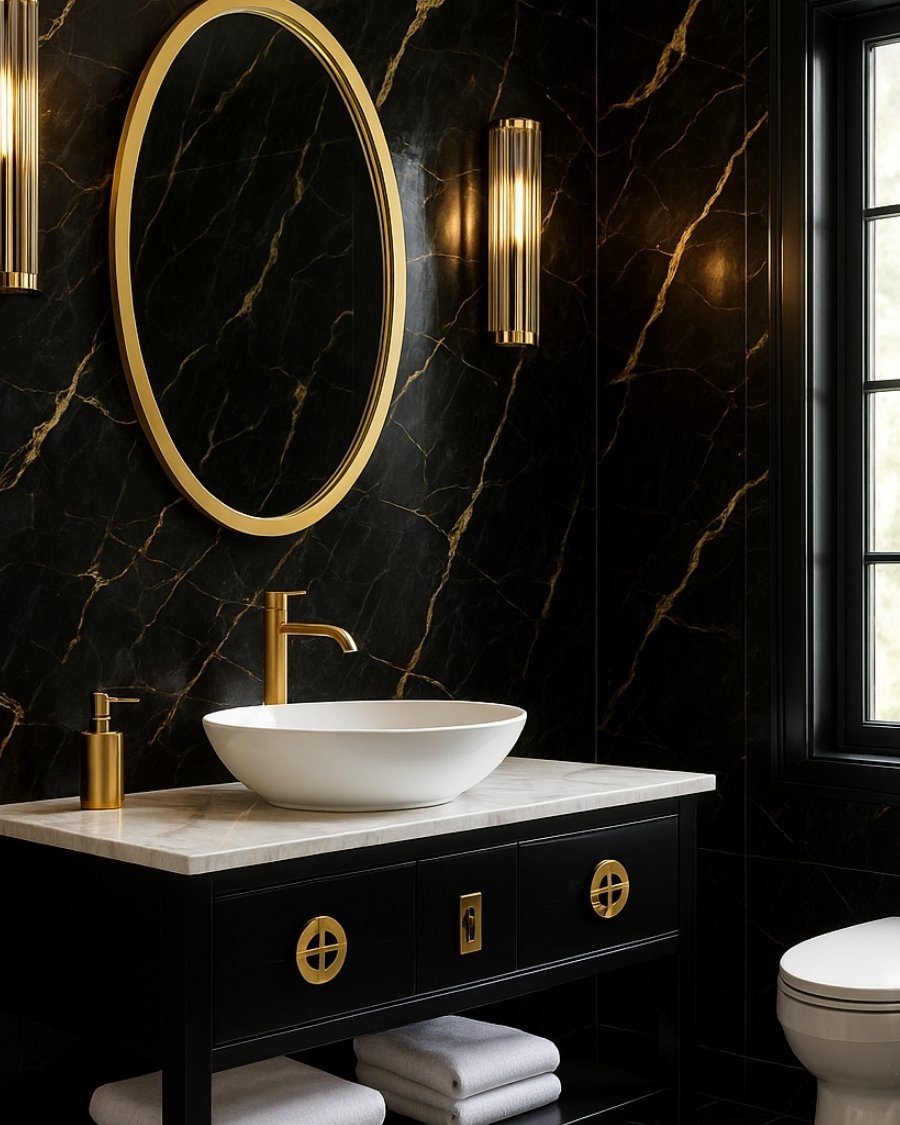 Black marble bathroom with gold accents, circular mirror, and modern faucet fixtures