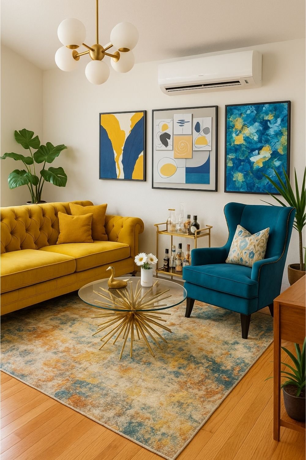 Mustard yellow sofa with a teal accent chair and colorful wall art