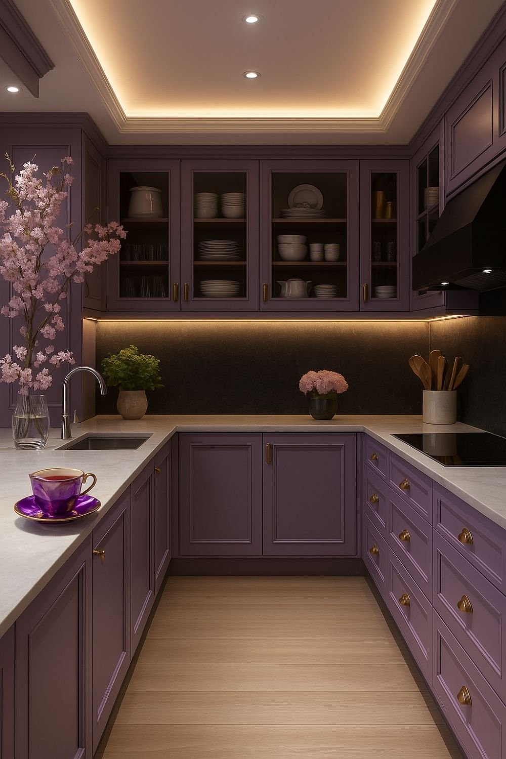 Muted plum kitchen with under-cabinet lighting and soft decor