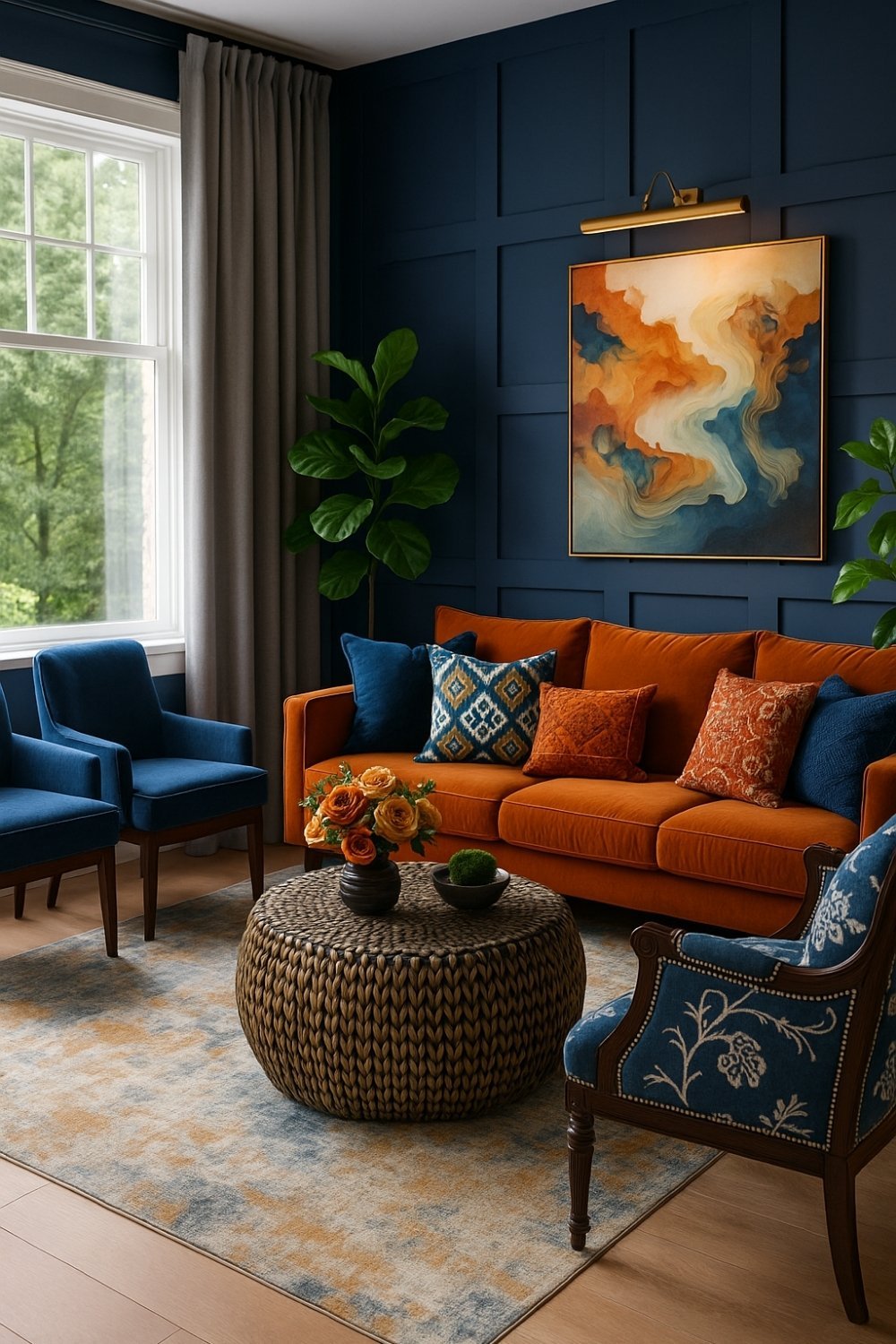 Orange sofa with blue coloured accent chair and deep blue wall panelling