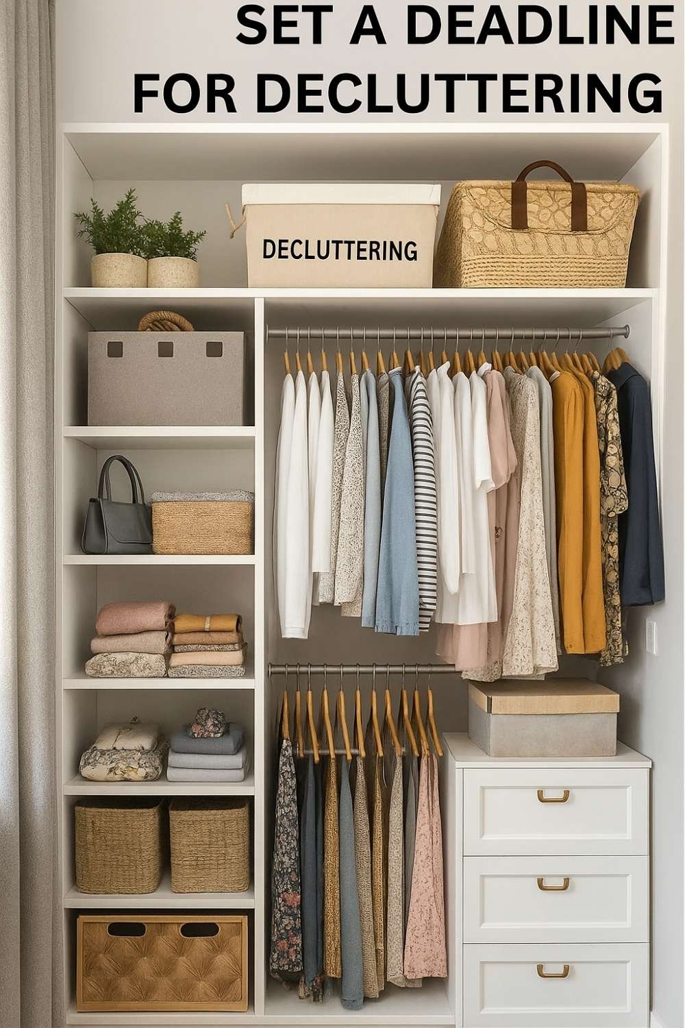 Neatly arranged bedroom closet with labeled boxes and decluttering tip overlay