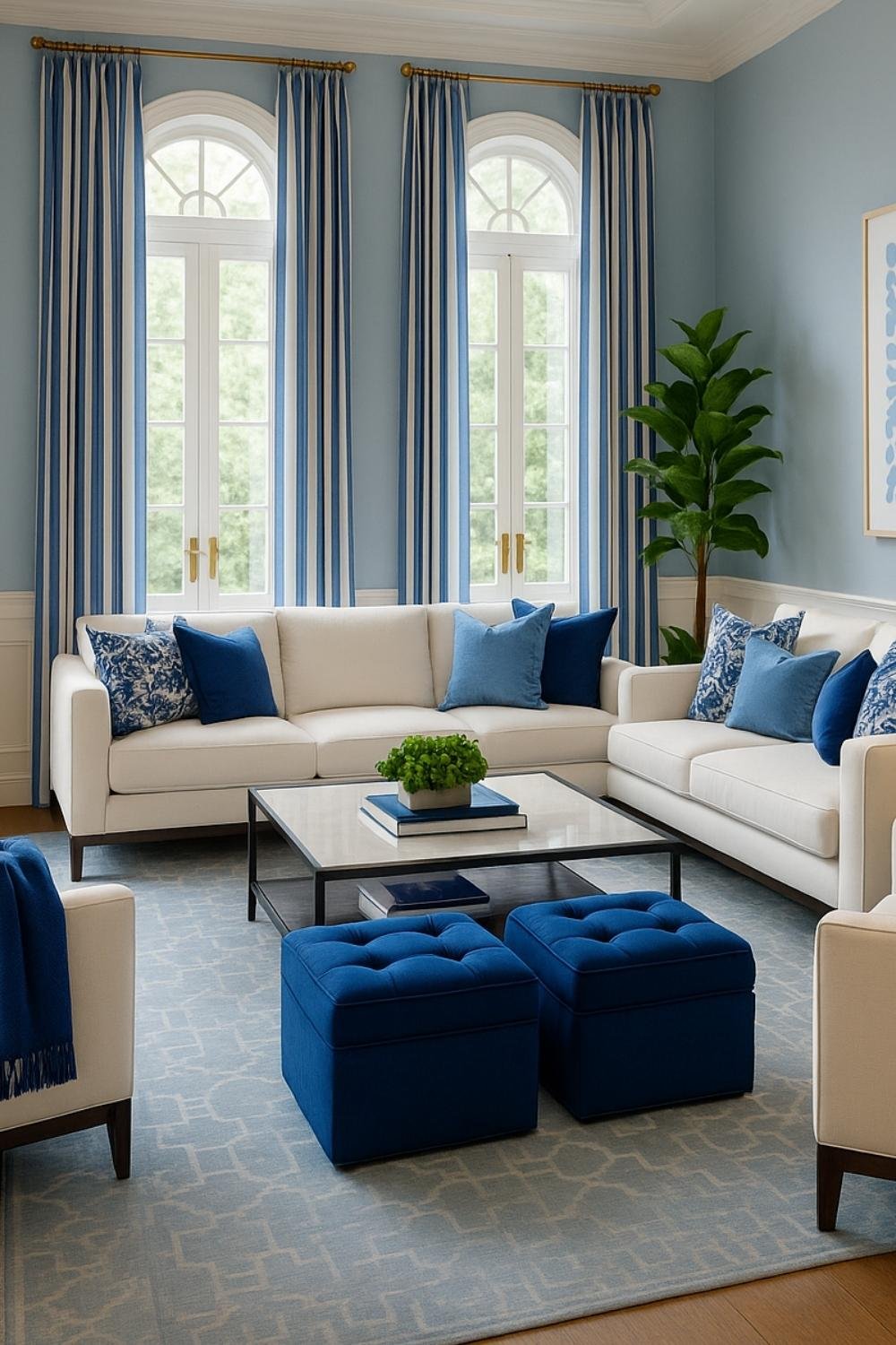 Bright living room with blue and white color scheme, featuring clean sofa arrangement, blue ottomans, striped curtains, and potted plant.