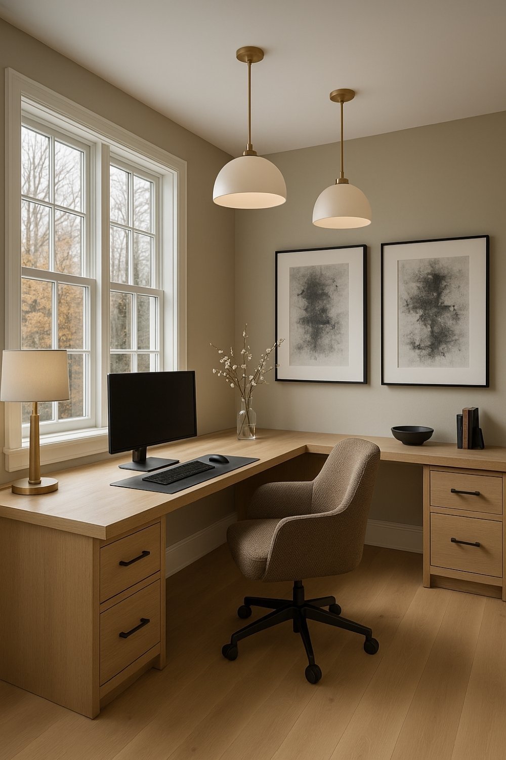 Minimalist home office with wooden desk, storage drawers, neutral tones, and organized workspace.
