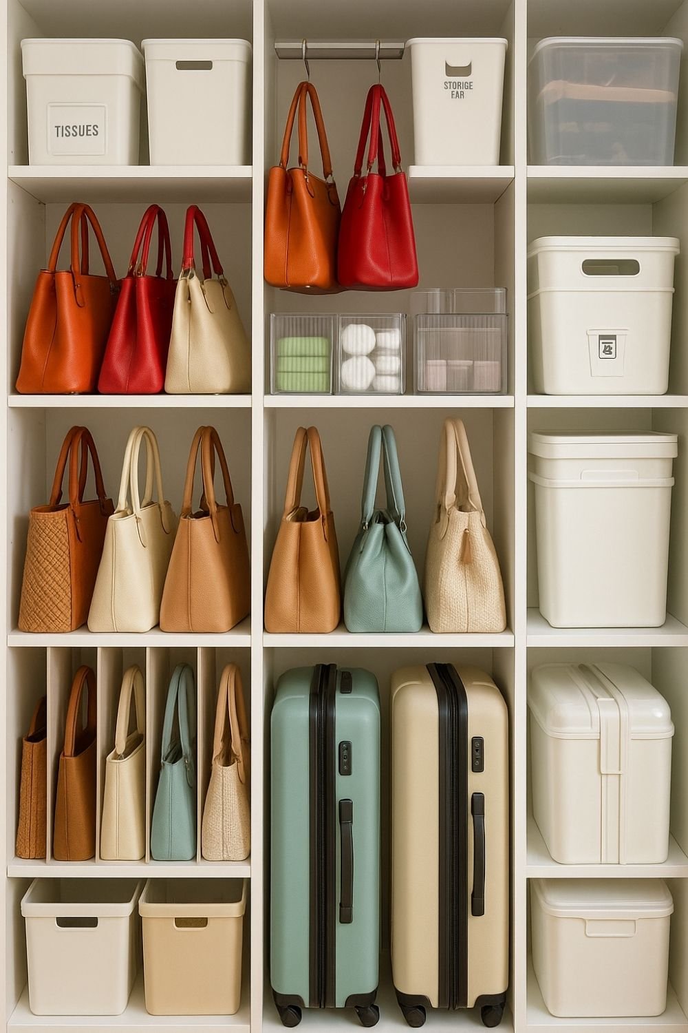 Vertical storage unit with neatly arranged hand bags, storage bins, and boxes for organized entryway or closet.