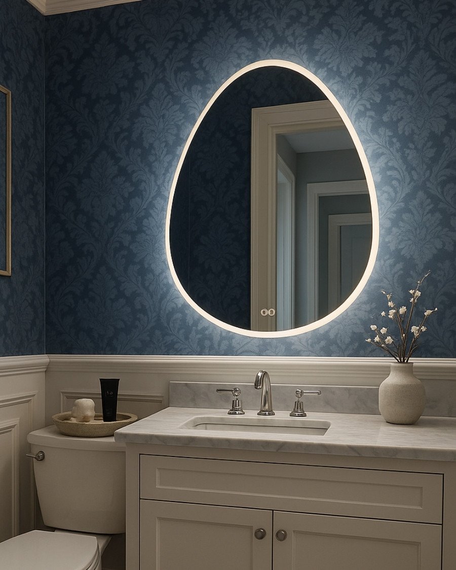  Elegant bathroom with an oval backlit mirror and dark blue wallpaper
