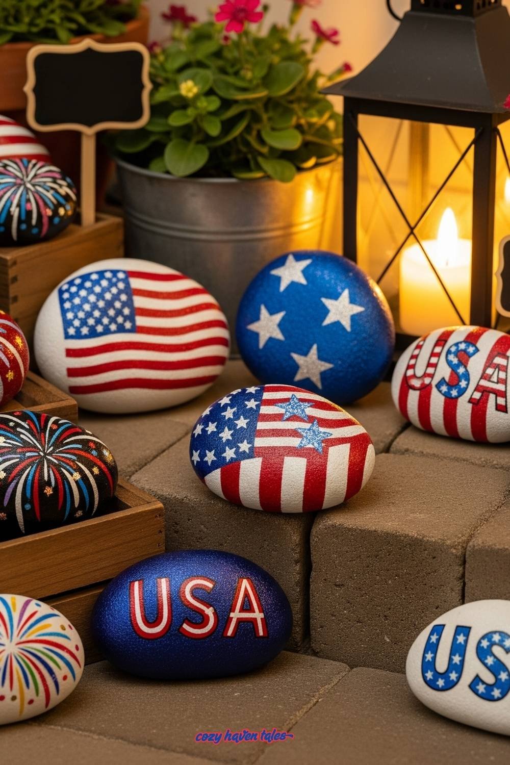 Smooth stones painted with stars, stripes, and USA letters in red, white, and blue as 4th of july decor