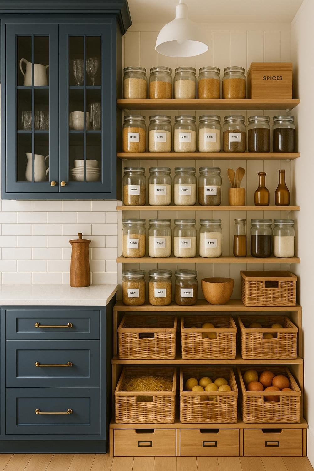 Pantry shelves organized with labeled clear jars and baskets for efficient storage.