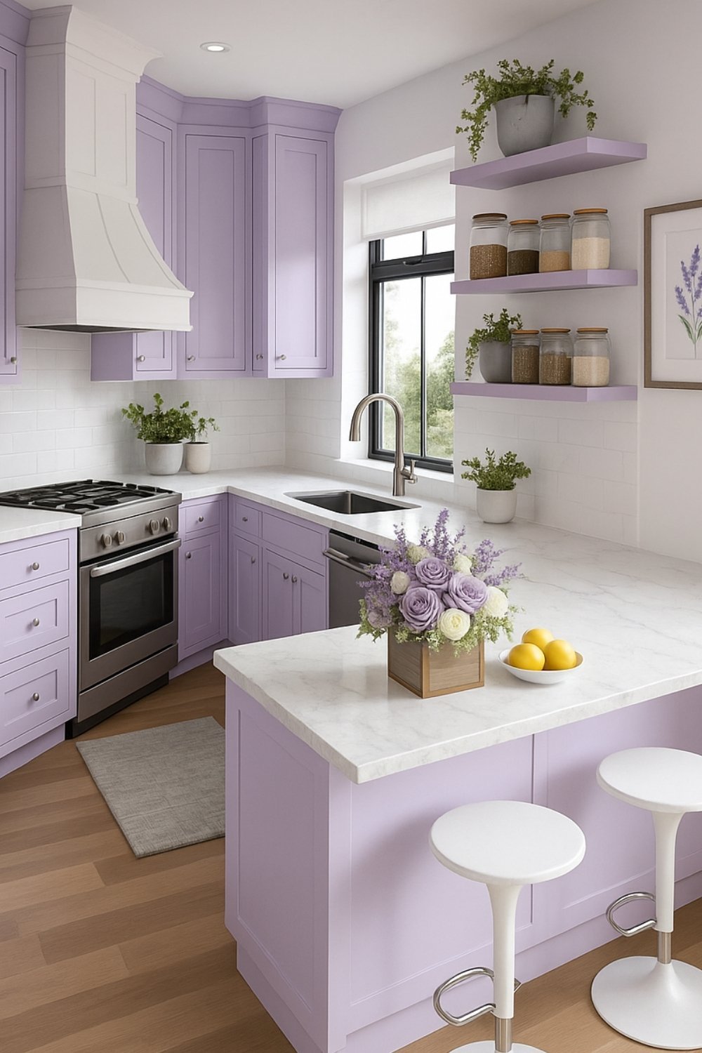 Light lilac kitchen with marble top and fresh flowers