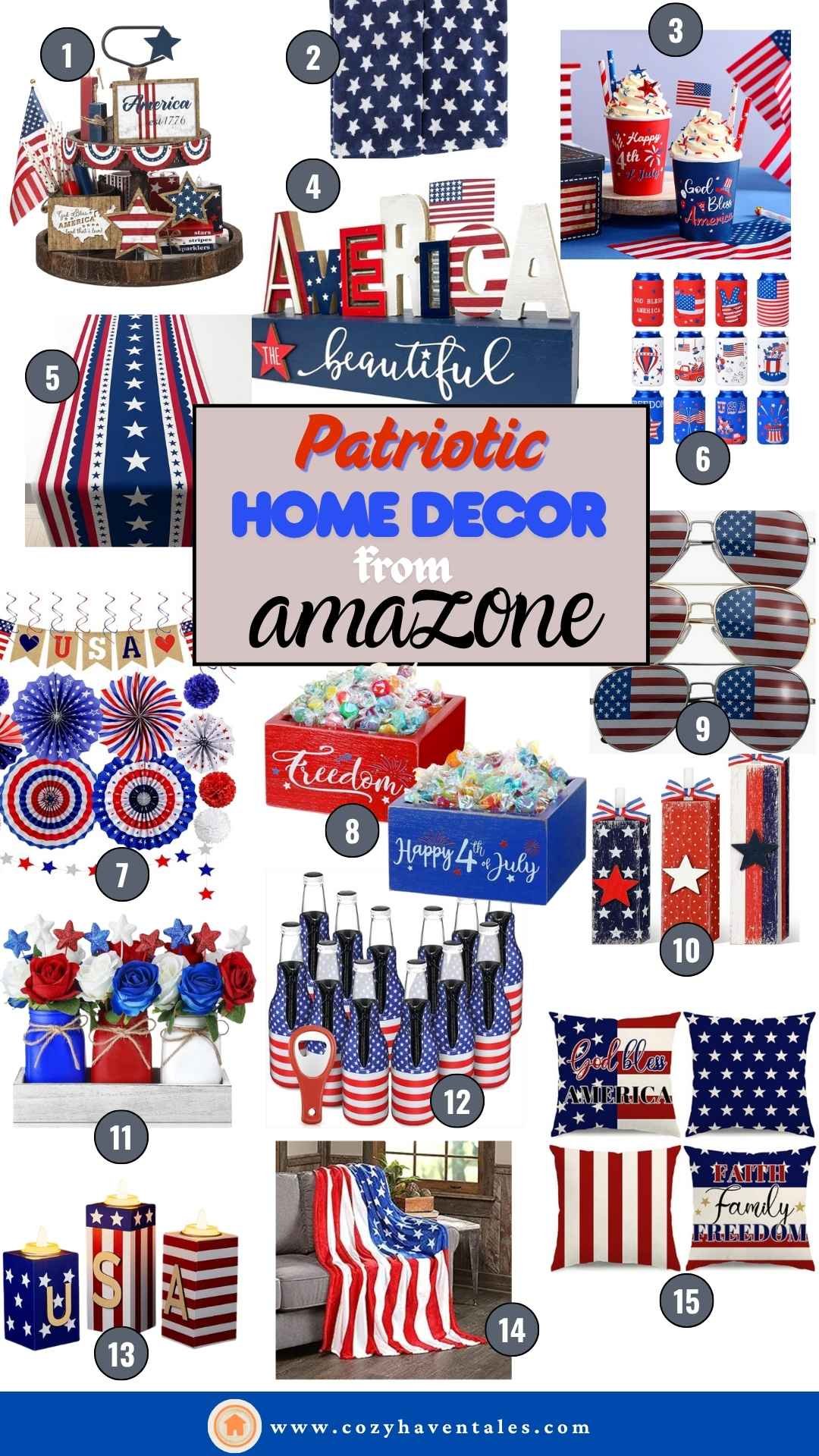 collage of amazon products for 4th july home decoration