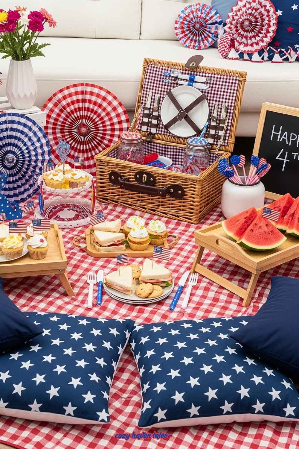 Cozy living room picnic setup with red, white, and blue decor for 4th of July.