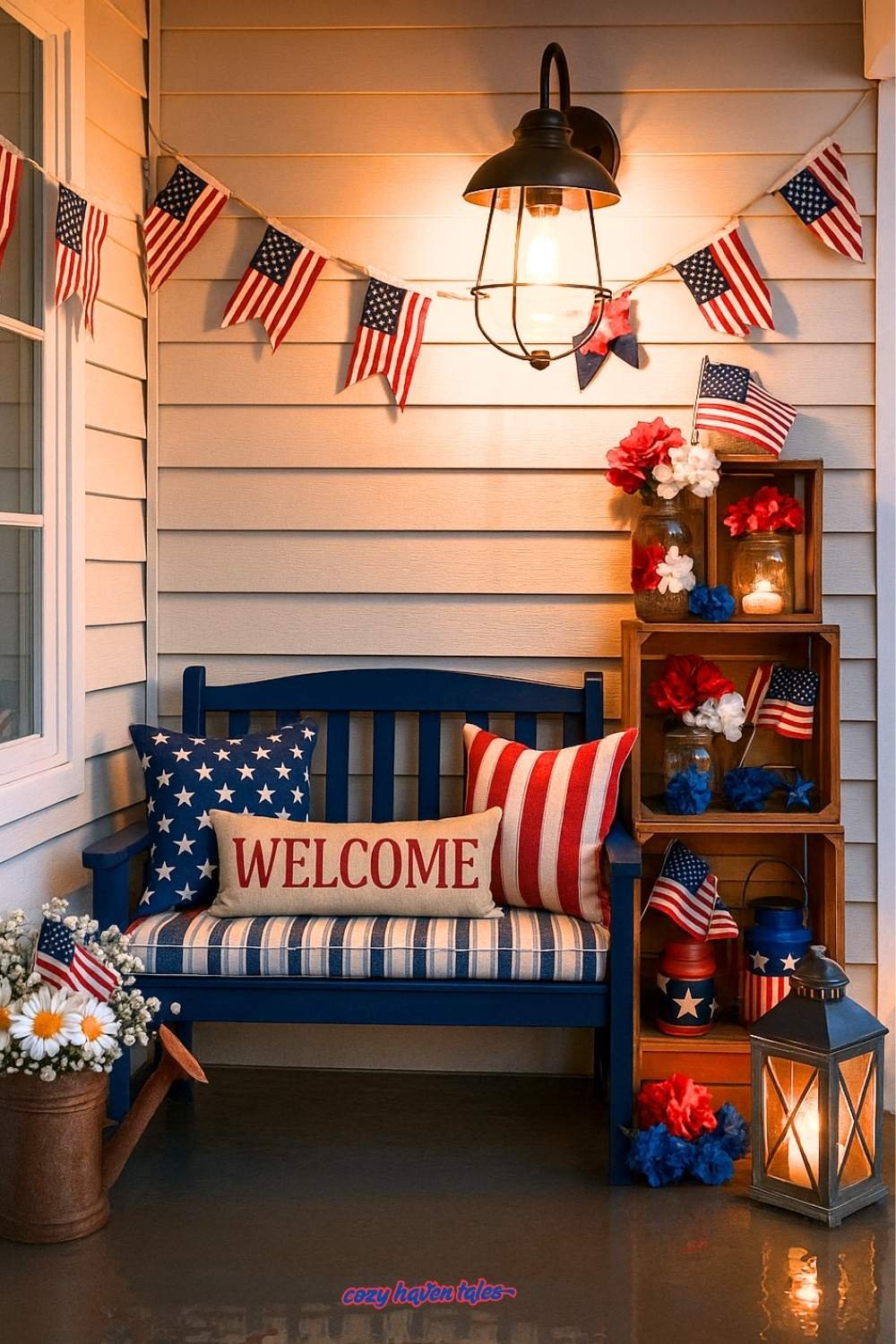 Cozy porch corner for 4th of july decor with patriotic cushions, lanterns, wooden crates, and American flags.