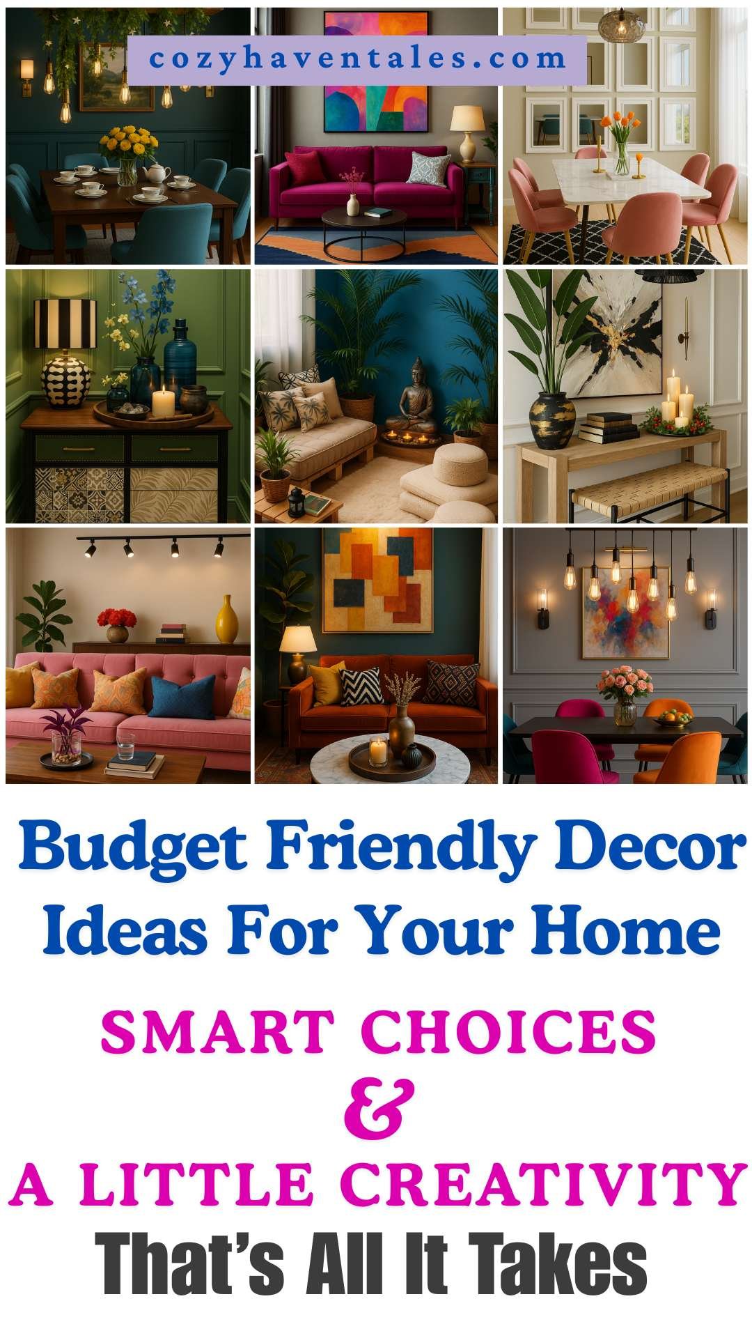 Collage of 12 creative home decor ideas including LED lights, gold spray paint, wrapping paper DIYs, sheer curtains, and cozy nooks — all budget-friendly.