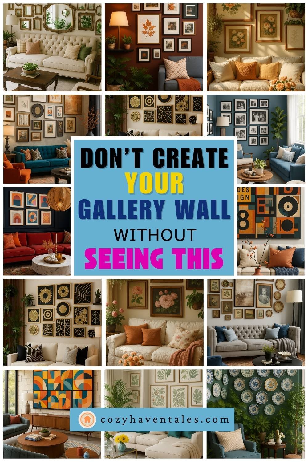 A perfect example of how to mix frames, textures, and color in your gallery wall design.