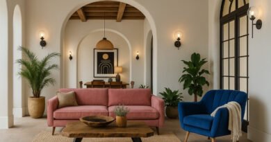Blush pink sofa with a royal blue accent chair in a Mediterranean-style arched living room