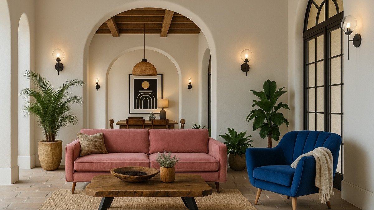 Blush pink sofa with a royal blue accent chair in a Mediterranean-style arched living room