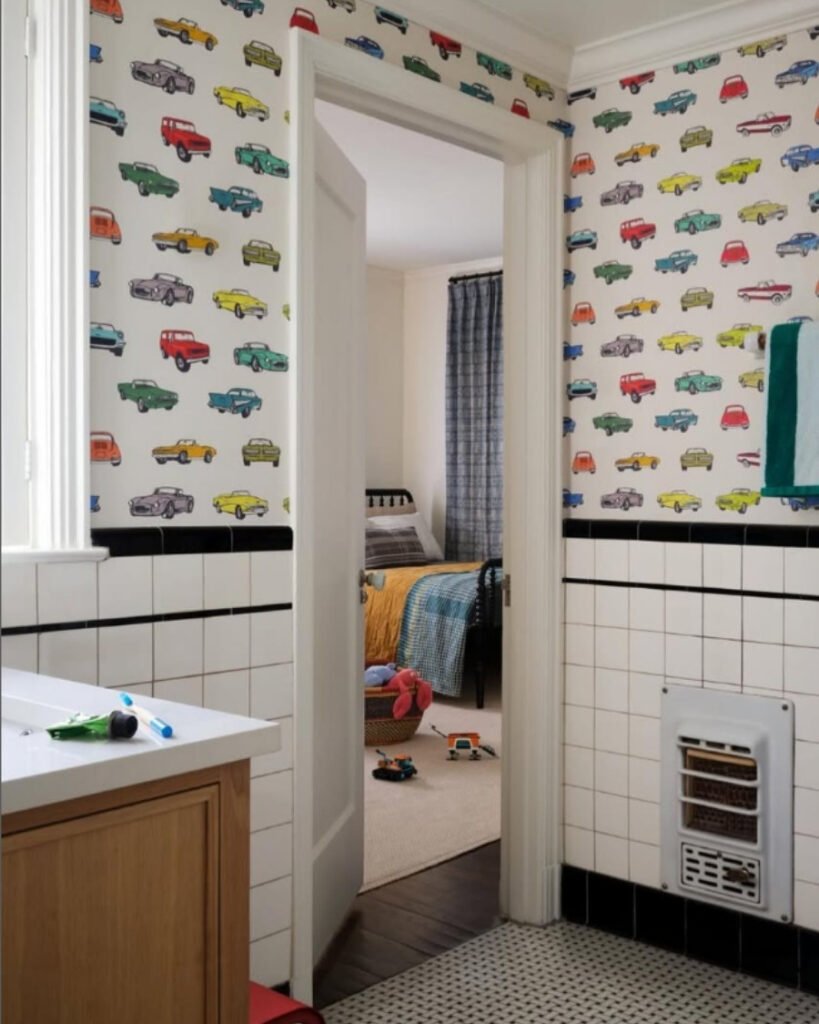 kids place with colorful car‑print wallpaper and retro accents