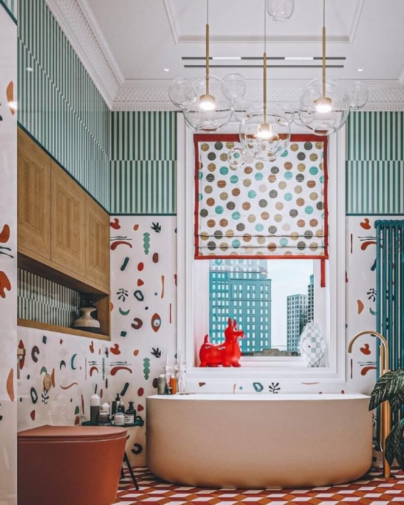 bathroom with abstract doodle wallpaper, striped upper walls, bubble pendant