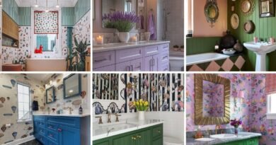 collage of 12 playful bathrooms featuring bold wallpapers, colorful vanities, patterned tiles