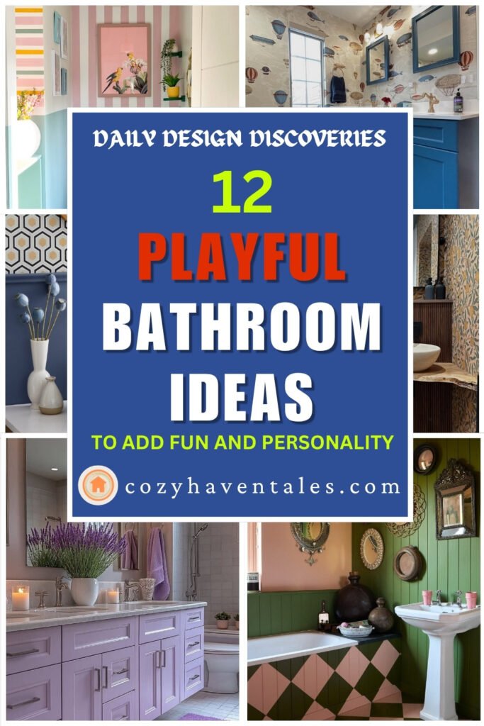 Collage of five playful bathroom ideas with bold patterns, colorful vanities, and quirky tiles