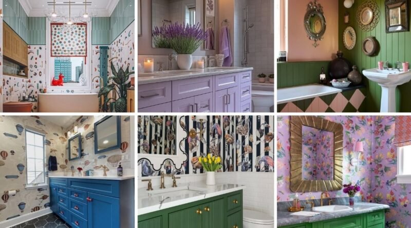 collage of 12 playful bathrooms featuring bold wallpapers, colorful vanities, patterned tiles