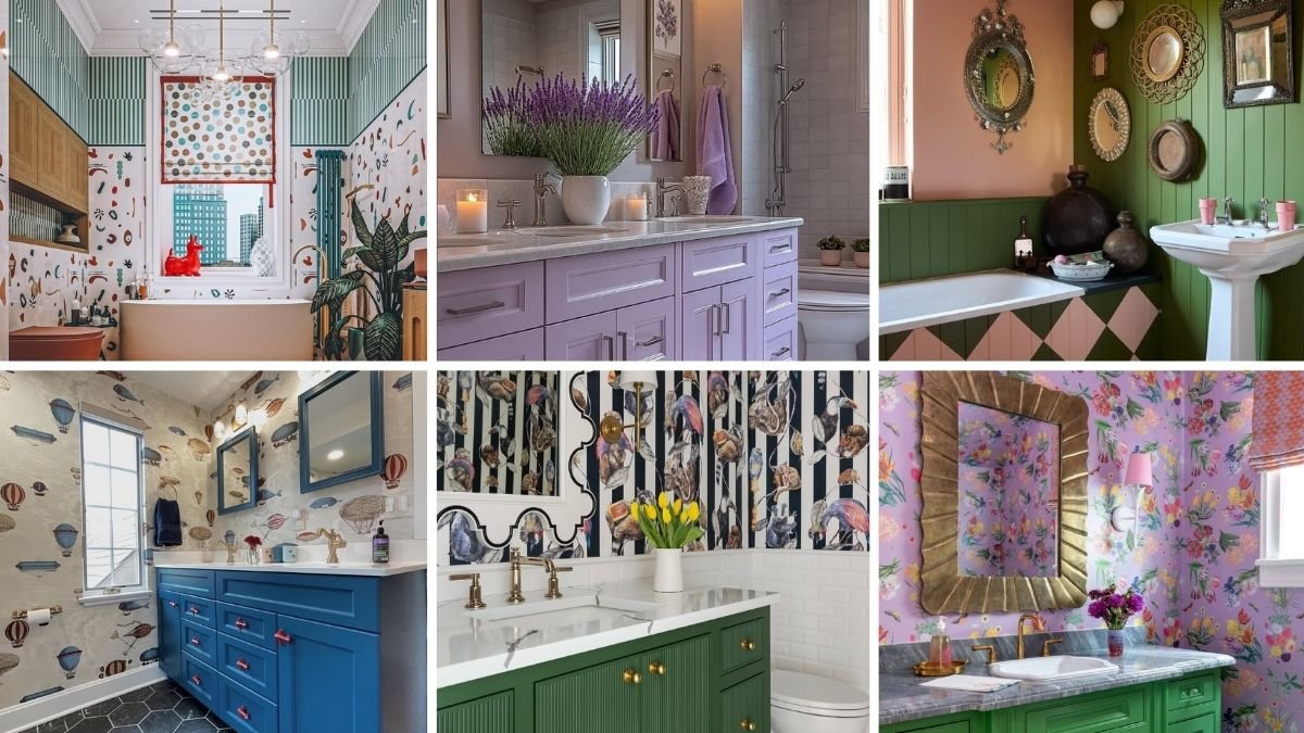 collage of 12 playful bathrooms featuring bold wallpapers, colorful vanities, patterned tiles