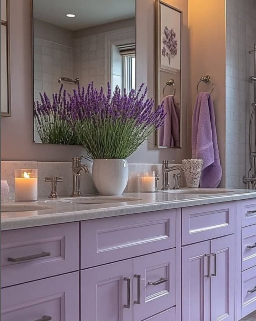 cozy bathroom with lavender vanity, matching rug, purple flowers