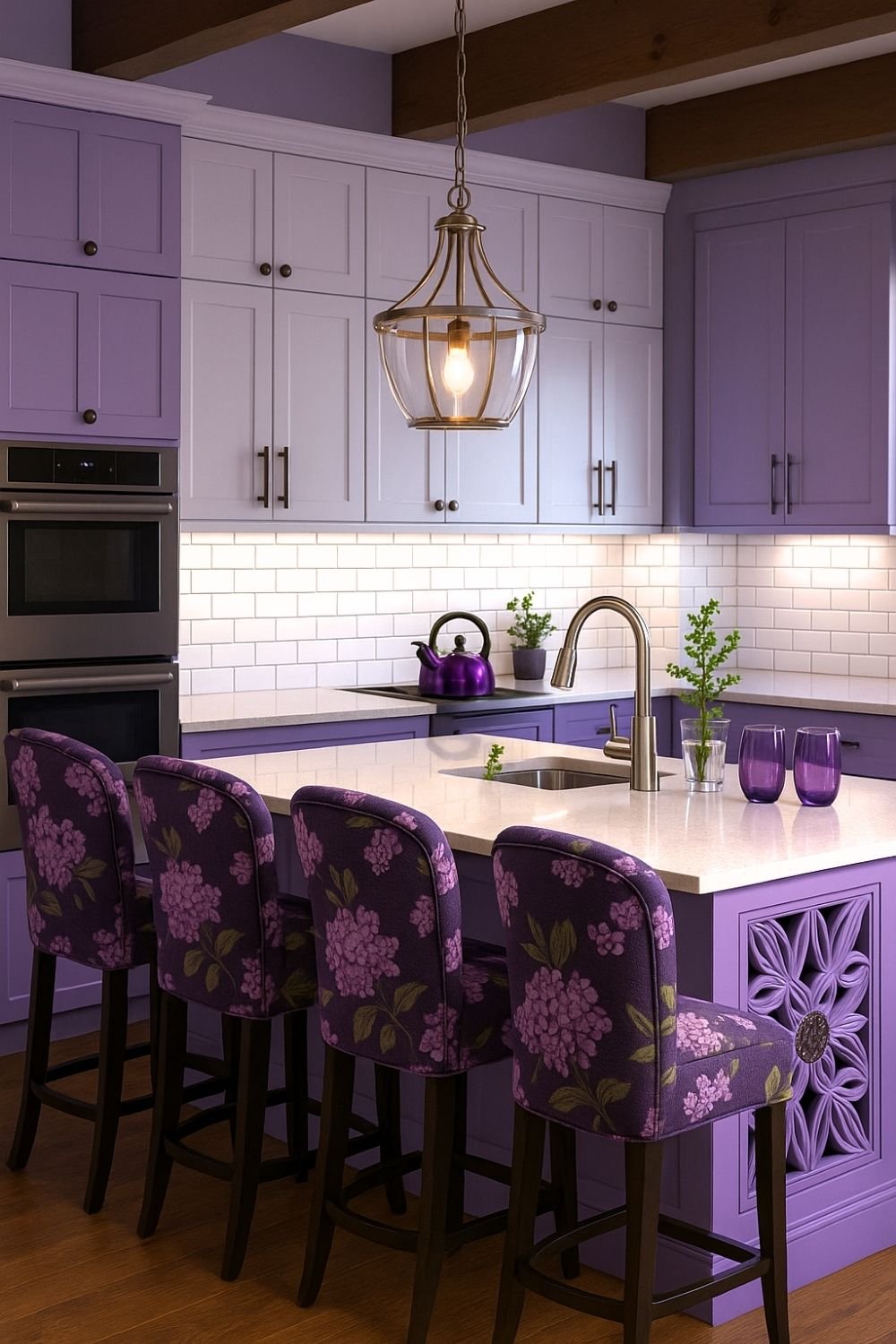 Dual-tone plum kitchen with floral chairs and pendant light