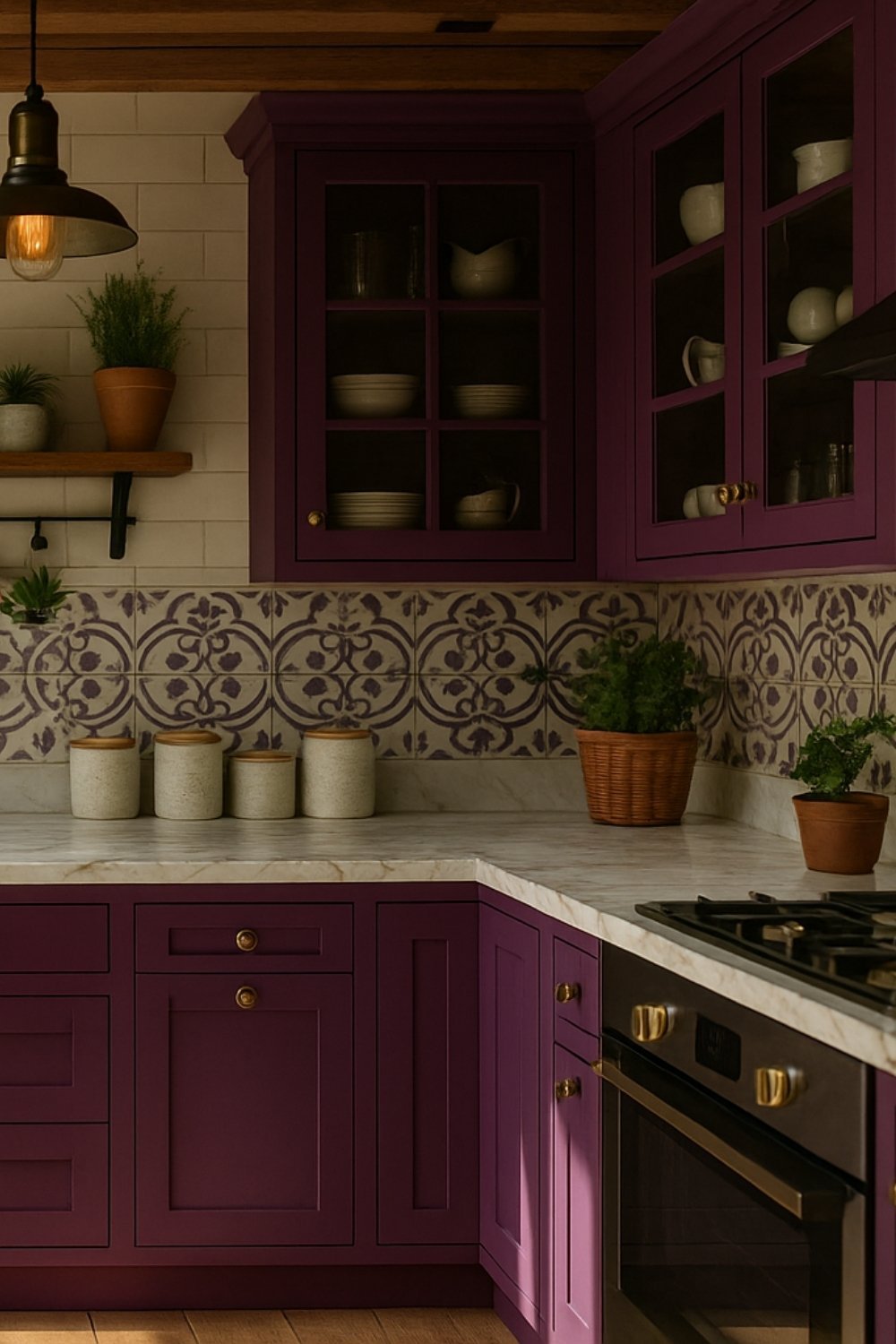 Plum purple kitchen with warm backsplash and gold handles