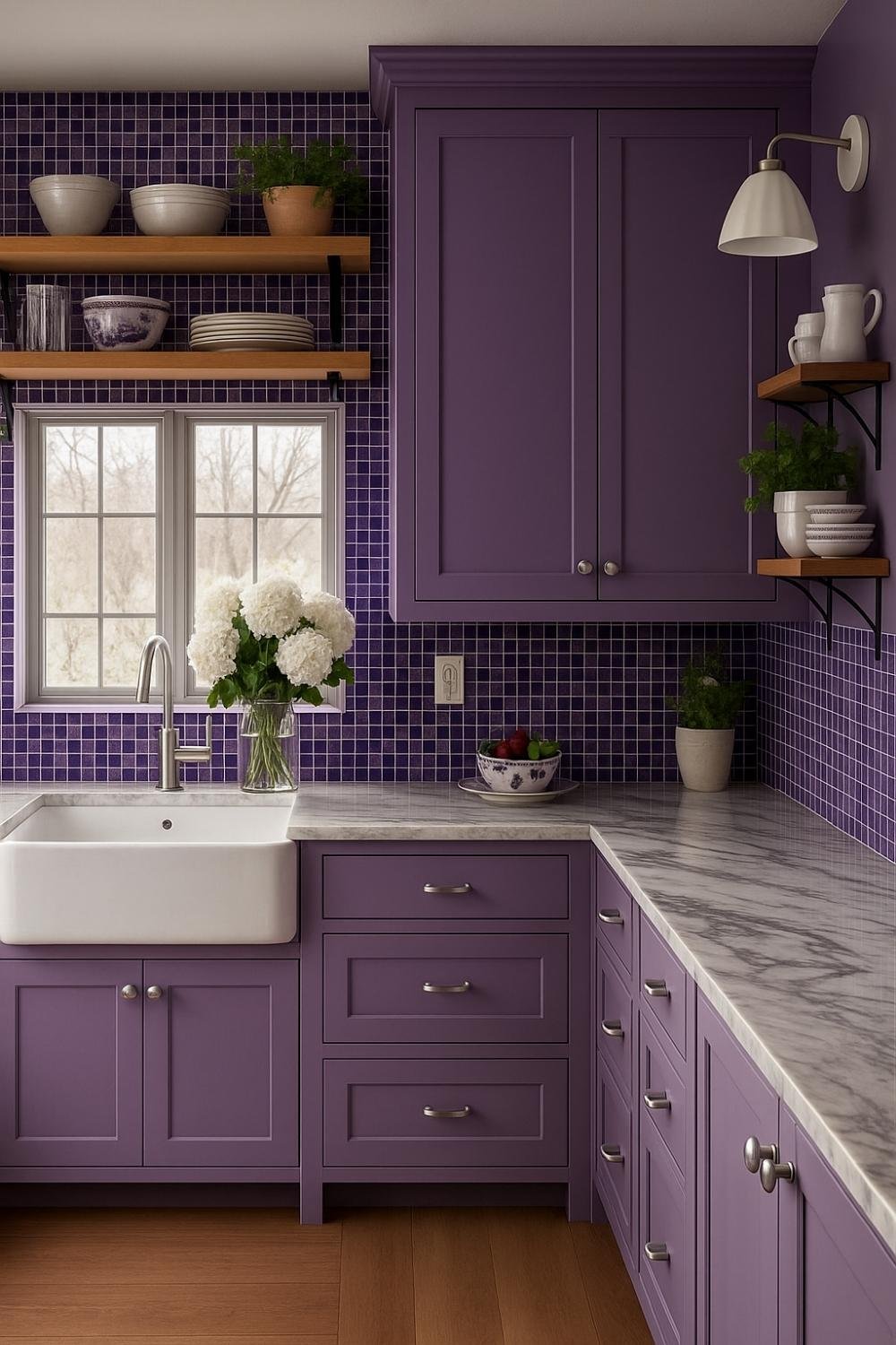 Grape purple kitchen with mosaic backsplash and open shelves