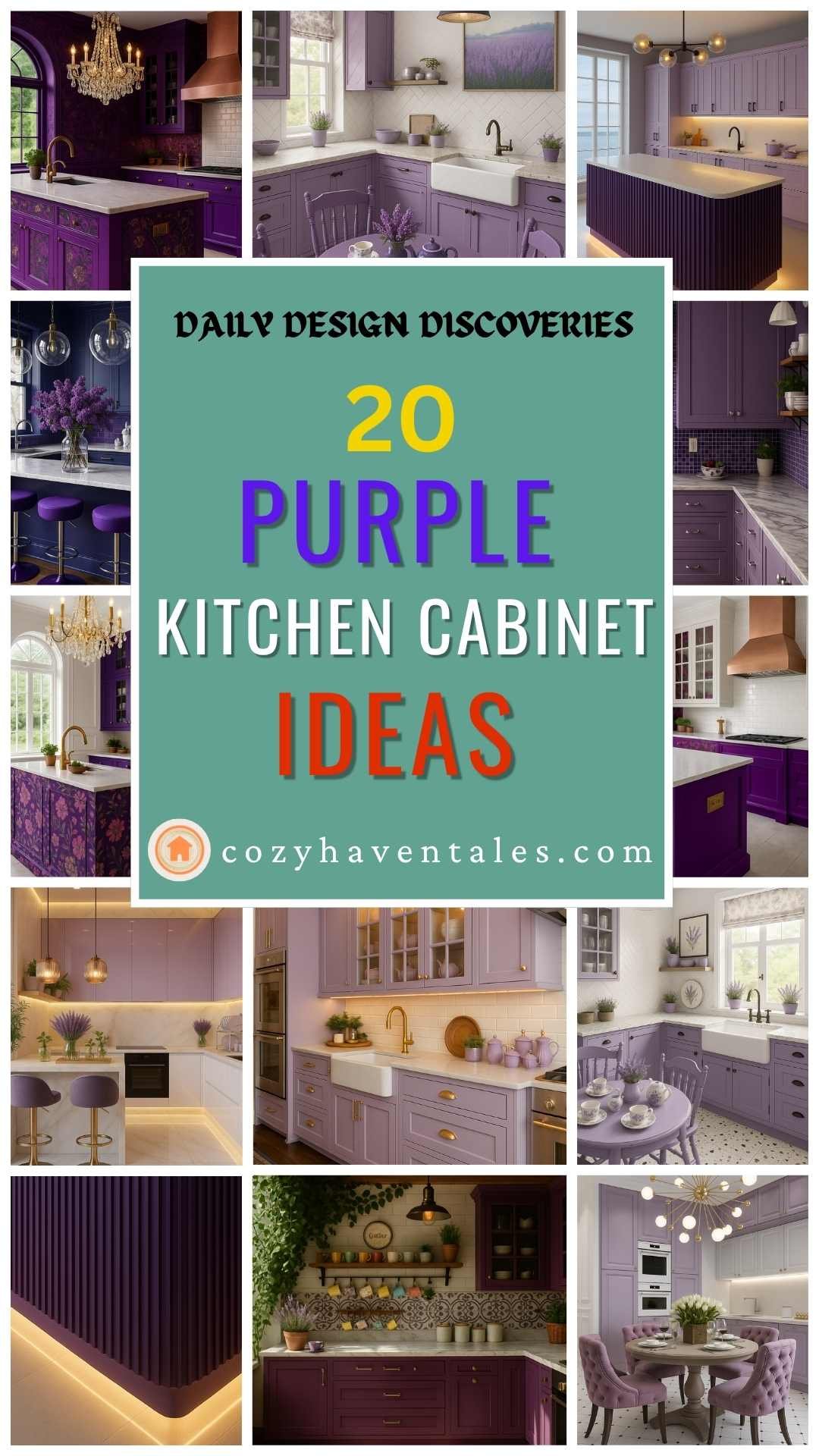 Pinterest pin for 20 purple kitchen cabinet ideas with collage and bold text