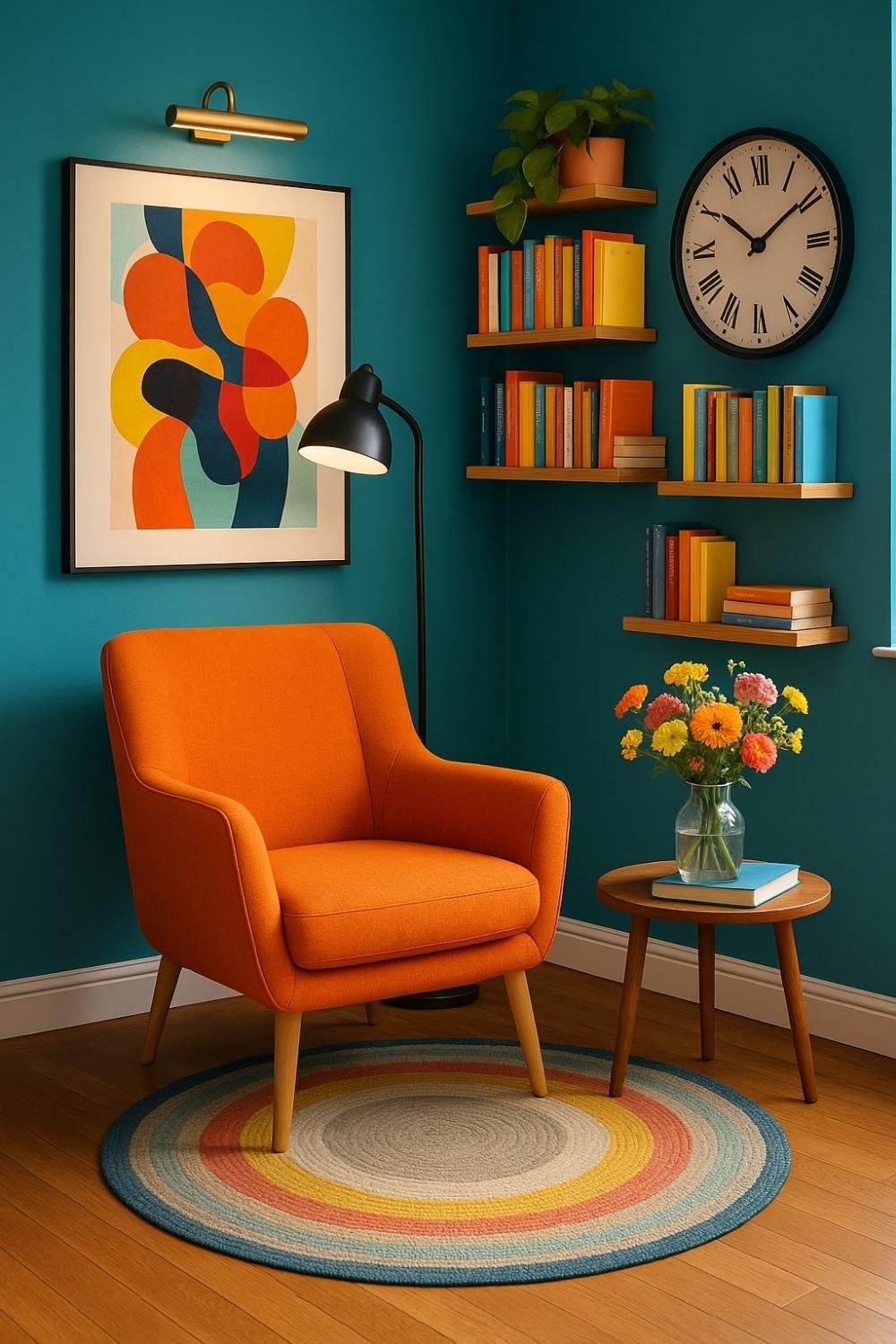 Cozy reading corner with orange accent chair, wall shelves, books, and colorful artwork.