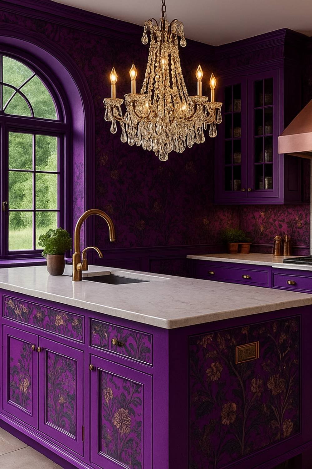 Royal purple kitchen with floral accents and chandelier