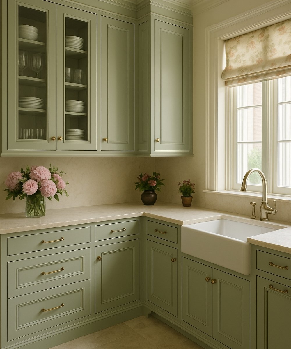Sage green kitchen cabinetswith beige backsplash tiles and apron sink