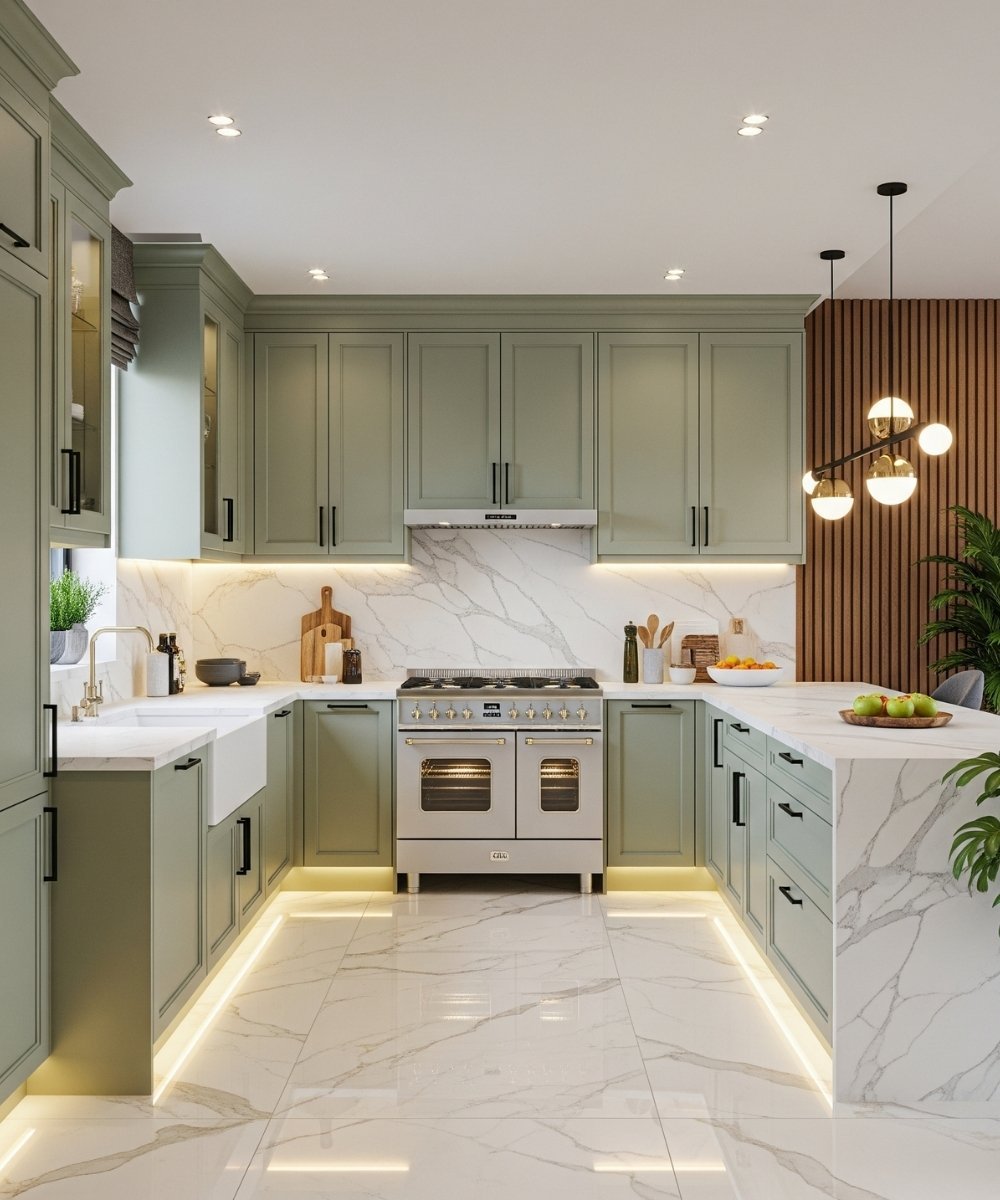 modern sage green kitchen cabinets with white marble backsplash
