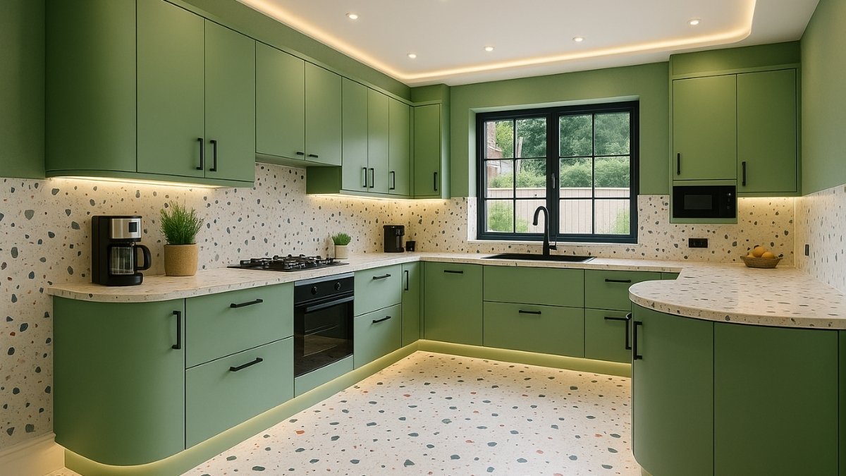 Modern sage green kitchen with terrazzo tile backsplash, quartz countertop, and LED strip lighting under cabinets.