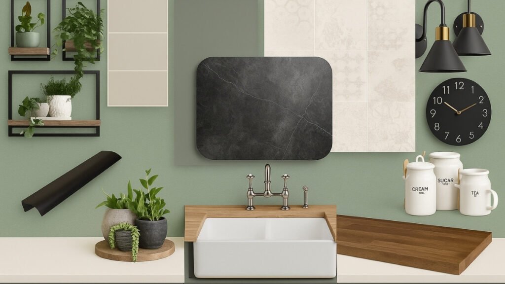 Sage green kitchen mood board with vertical wood slats, black sink and fixtures, and marble backdrop