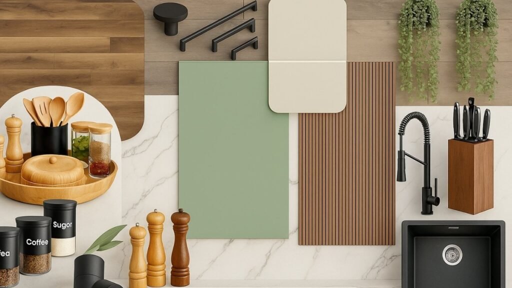 Kitchen mood board with sage green and black accents, wooden countertop, plants, and matte black sconces