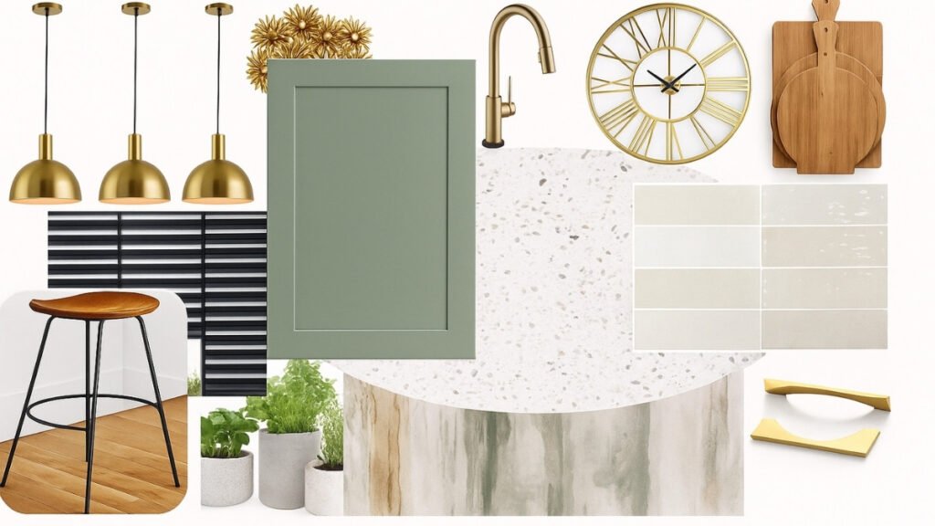 Sage green kitchen mood board with golden pendant lights, quartz surface, and wooden accents