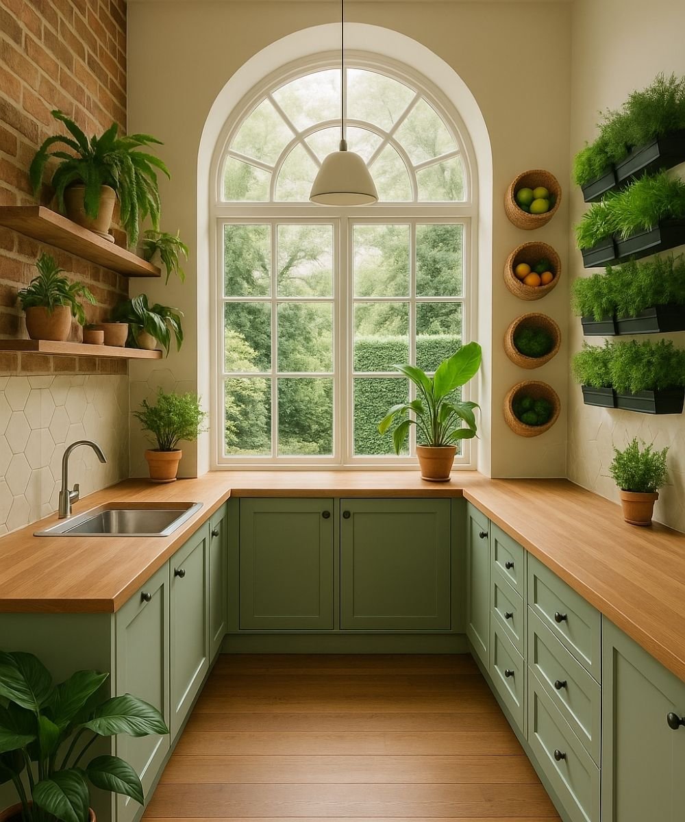 Sage green kitchen cabinets with large arched window, wooden countertops, and vertical garden