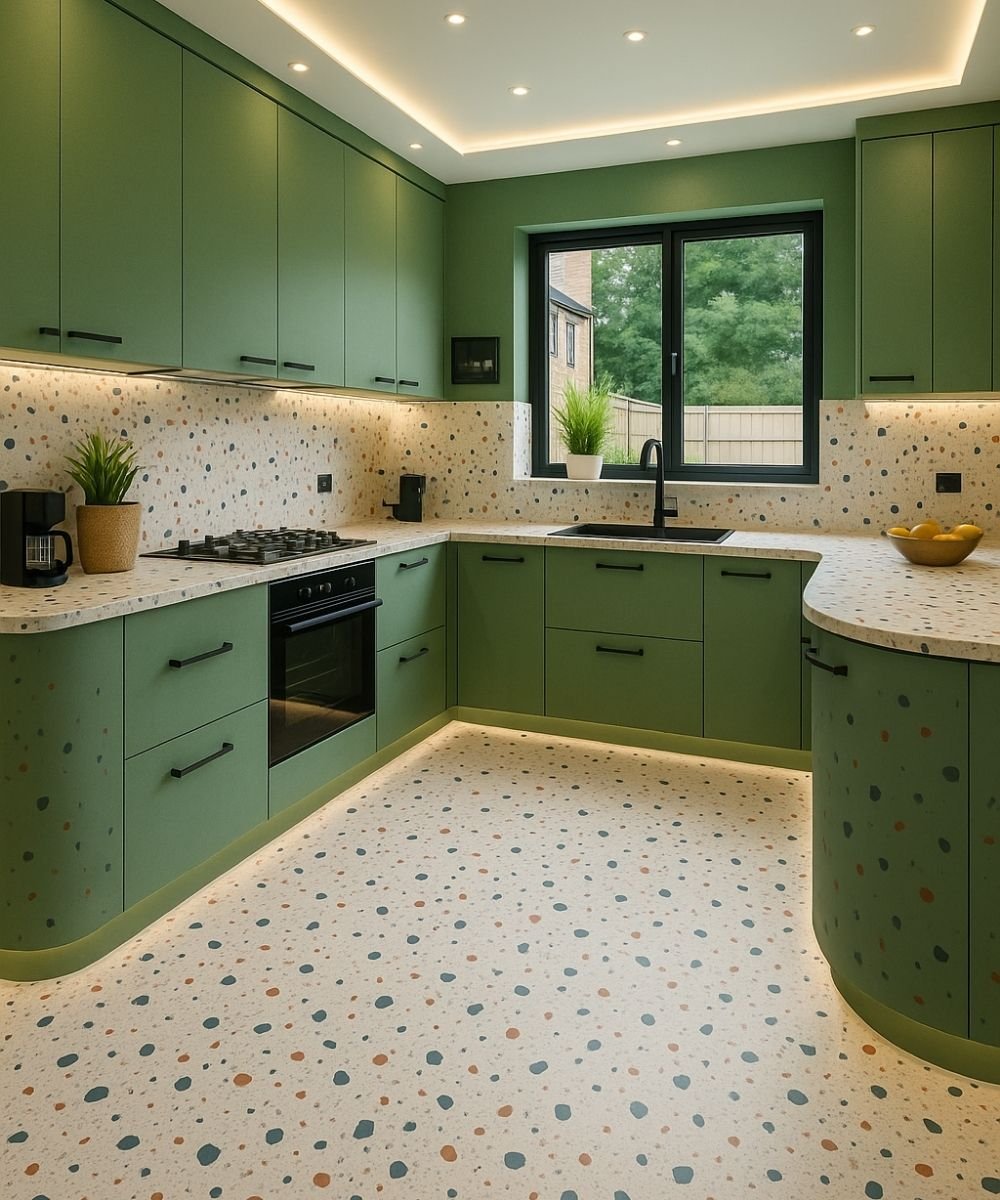 Sage green U-shaped kitchen with dotted terrazzo flooring and wall tiles, recessed ceiling lights