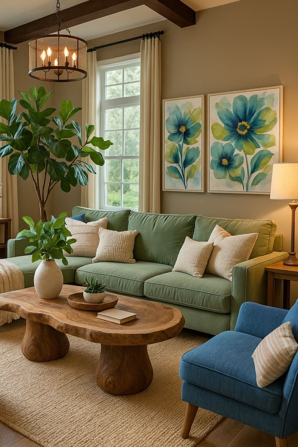 Sage green sofa with a blue accent chair, floral artwork and wooden coffee table